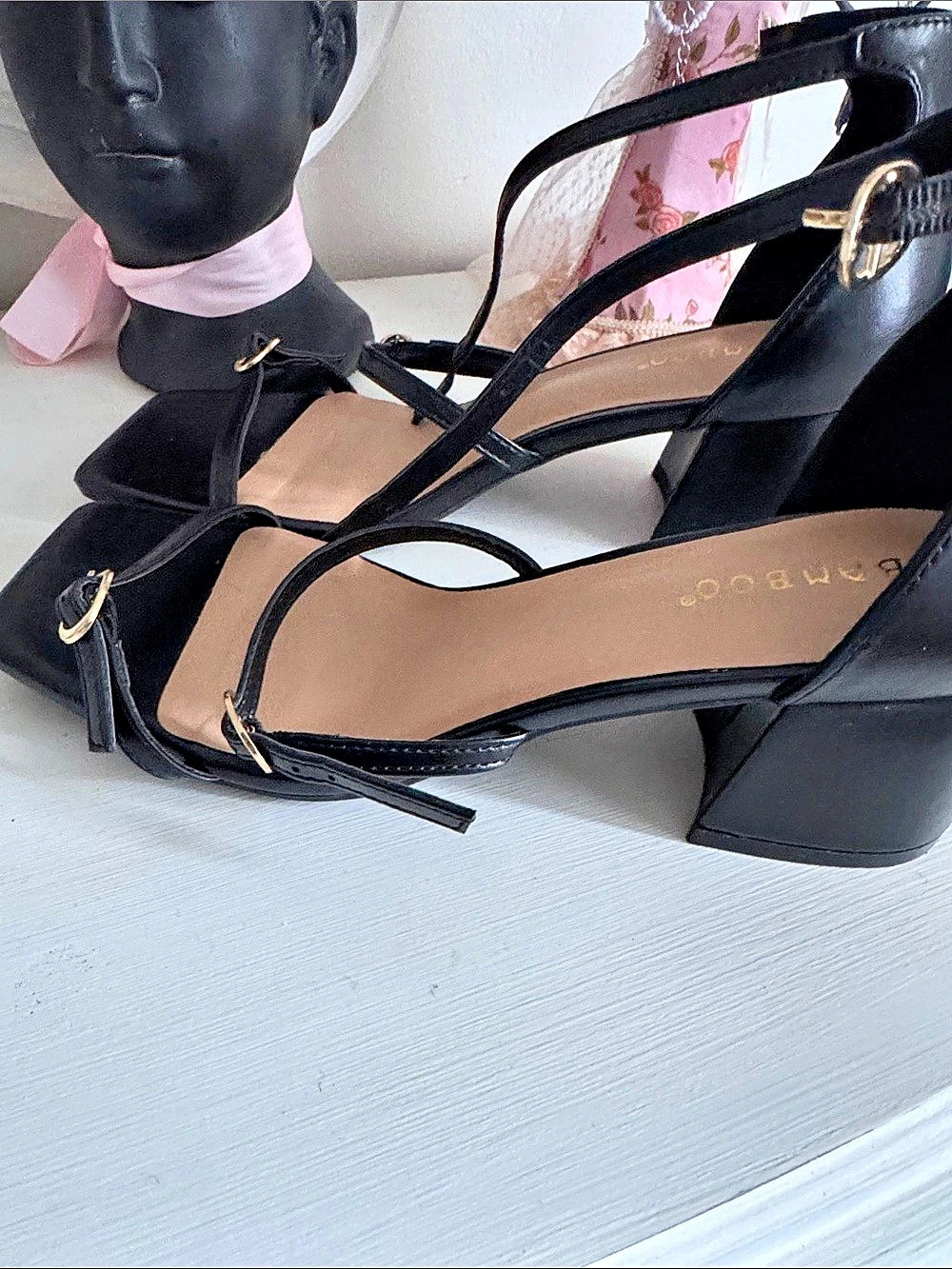 Bamboo Black Strappy Block Heels Square Toe - Size 8